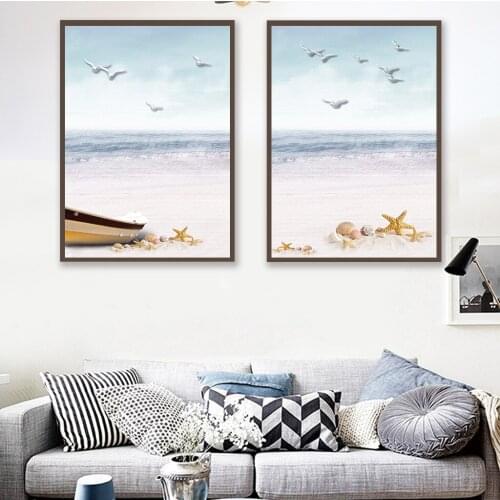 Nordic Minimalist Style Seascape Wall Painting Seagull Beach Starfish Abstract Canvas Decoration Frameless Printing Poster