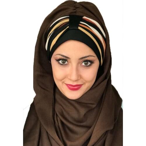 Yeni Moda İslami Başörtüsü Hijab 2021 Kadın Müslüman Kıyafet Türban Bone Eşarp Atkı Şapka Sarı Turuncu Çizgili Kahve Hazır Şal