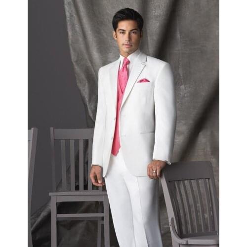 2017 New Arrival Two Buttons White Groom Tuxedos Peak Lapel Groomsmen Men Wedding Blazer Prom Suits (Jacket+Pants+Vest+Tie)