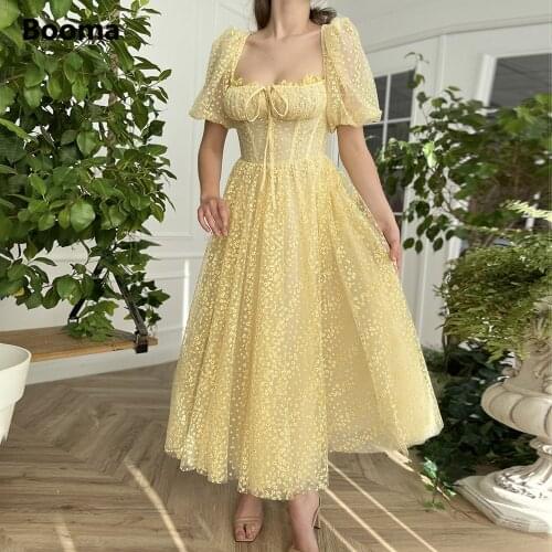 Booma Yellow Lace Midi Prom Dresses Square Neck Short Puff Sleeves Tea-Length Wedding Party Dresses Pockets A-Line Formal Gowns