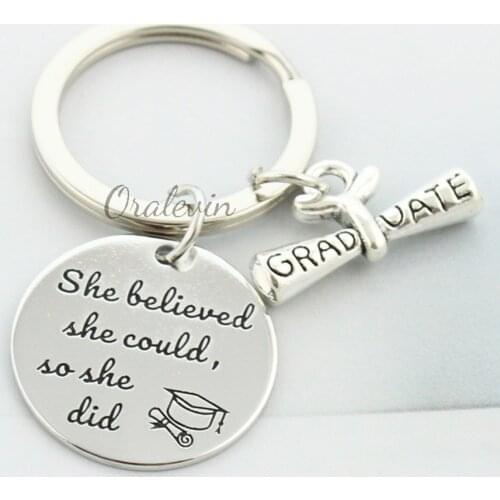 Class of 2019 College Graduation Gift SHE BELIEVED SHE COULD,SO SHE DID Hand Stamped Charms Graduate Scroll Keychain LN2442K