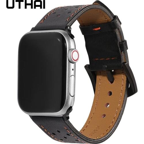 UTHAI A44 Leather strap apple watch band 44mm 40 Watch Strap for apple watch series 6 se 5 4 watchband for iwatch series 3 2 1