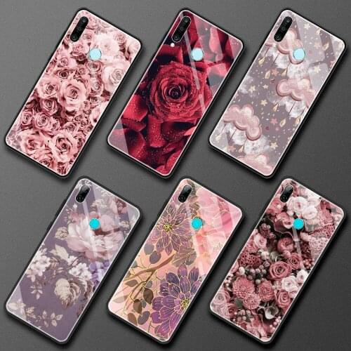 Glass Case for Huawei P30 Lite P40 Pro P20 P Smart Z Honor 30 9X 8X Y7 Y9 2019 Movil Luxury Smartphone Cover Red Rose Flowers