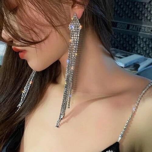 Korean fashion Super long Earrings Trendy Women Rhinestone Shining Triangle Charm Long Girl
