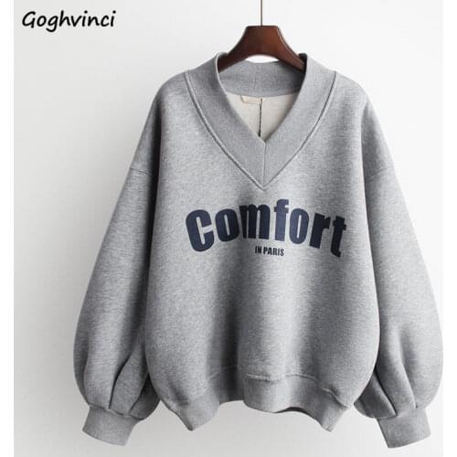 Hoodies Women Thickening O-Neck Large Size 3XL Letter Printed V-neck Lantern Sleeve Simple Casual All-match Fashion Daily Female
