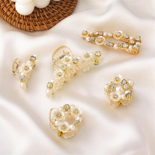 Japanese and Korean Fairy Flower Shell Pearl Barrettes Catch Clip Large Back Head Hair Rhinestone Pearls Plate Hairpin Jewelry
