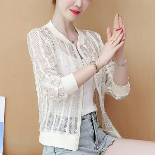 Lace Mesh Stitch Sun Protection WomenS Clothes Spring Summer Zipper Baseball Jacket Windbreaker Coat Vetement Femme 2021