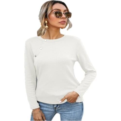 Spring summer 2021 Fashion New Womens Slim Round Collar Button Long Sleeve Street Casual T-Shirt Top