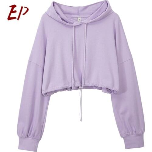 EP 2021 Spring Newly Cotton Women Sweatshirt Hoodie Casual Long Sleeve Drawstring Nipped Waists Thin Cropped Sweatshirt