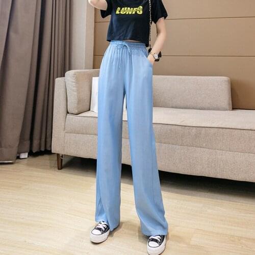 Women Pants 2021 Summer New High Waist Casual Slacks Women Ice Silk Ankle-Length Long Trousers Female Blue Jeans