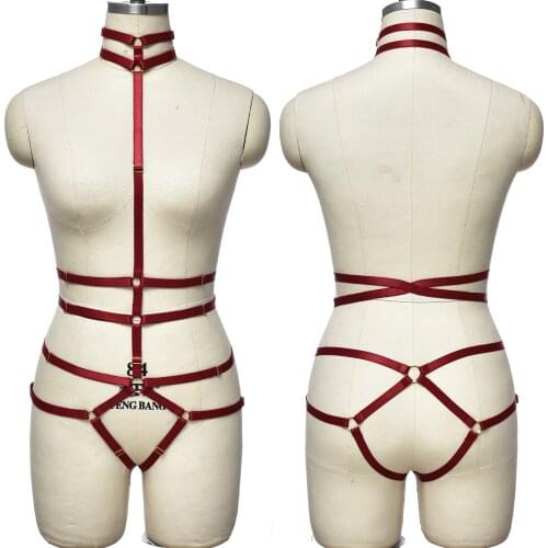 Women Bondage Sexy Lingerie Set Goth Rave Wear Body Cage Harness Belt Adjustable Bodysuit Red Cage Bra Elastic Body Harness