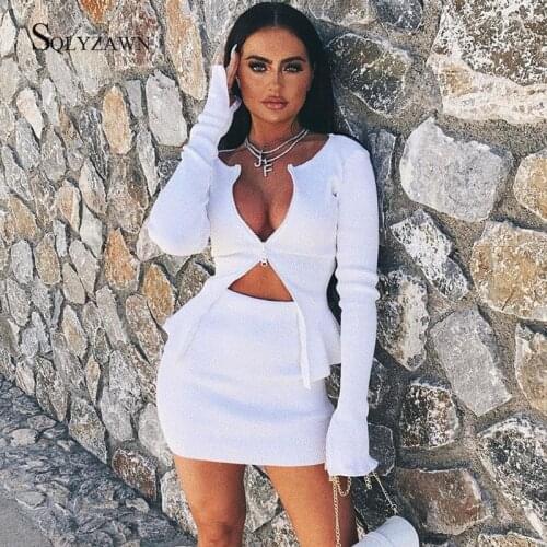 Ribbed Sweater Autum Knit Solid Double Zipper Cardigan Two Piece Sets Women Long Sleeve Top and Mini Skirt Matching Sets Outfits