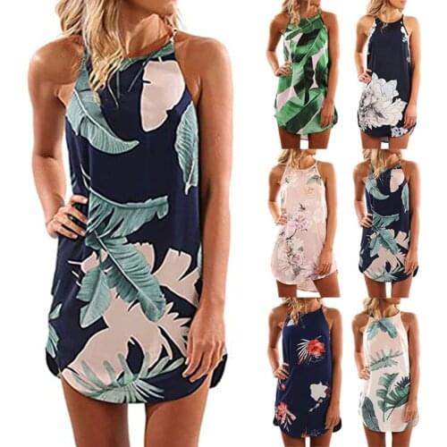 2021 Bohemia Fashion Plant Print Womens Irregular Dress Summer Casual Sexy Halter Loose Sleeveless Lady Beach Mini Dress Basic