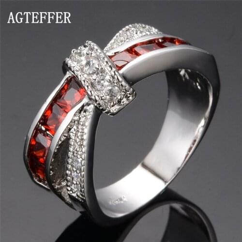 AGTEFFER 925 Sterling Silver Red/Pink/Blue Six Colors AAA Zircon Crystal Ring For Women Fashion Wedding Party Charm Jewelry