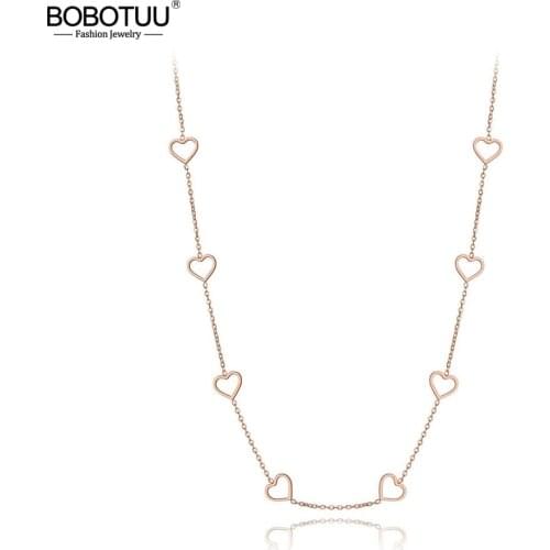 BOBOTUU Trendy Titanium Stainless Steel CZ Crystal Love Heart Choker Necklaces For Women Girls Charm Pendant Necklace BN19202