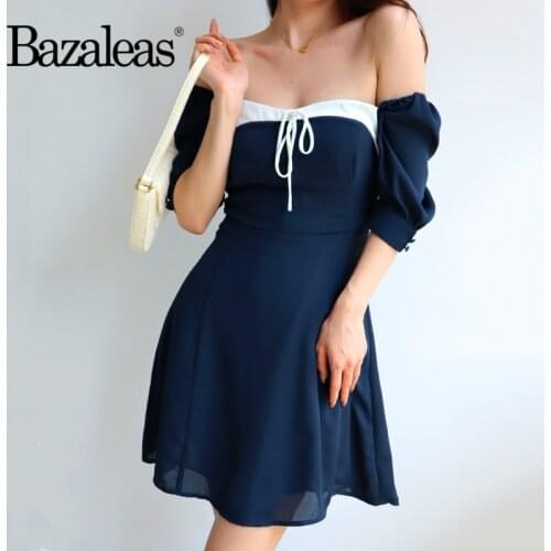 Vintage Navy White Patchwork Chiffon Vestidos Cute Center Bandage Dresses Palace Short Puff Sleeve Women Dress