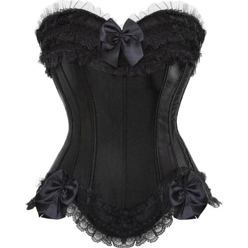 2021 Classic Gothic Black Steampunk Corset Top Satin Dobby Lace Faux Leather Bustier Sexy Corselet Bodyshaper