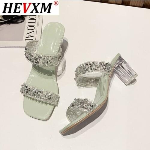 2021 Fashion Square Toe Rhinestone Sequins One Word Drag All-match Crystal Thick Heel Large Size Sandals and Slippers