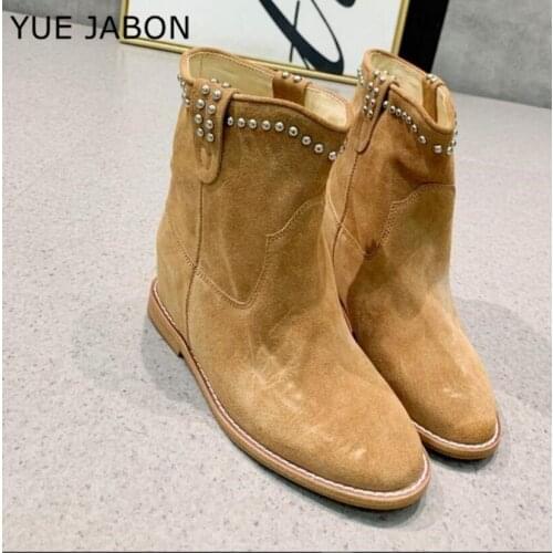 New Women Boots Comfortable Genuine Leather Motorcycle Boots Rivets Shoes Lady Booties Winter Flat Heel/Height Increasing Shoes
