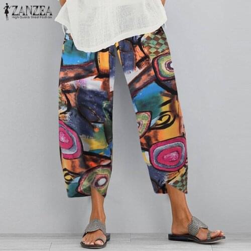 Summer Cotton Wide Leg Trousers ZANZEA Women Floral Printed Pants Vintage Elastic Waist Bohemian Harem Pantalon Turnip