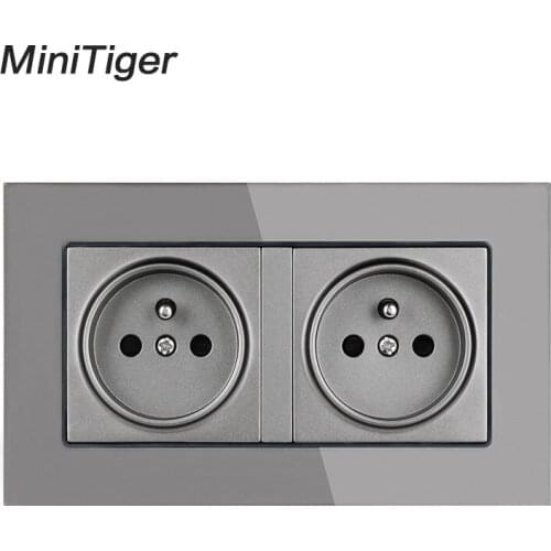 Minitiger 16A Double French Standard Wall Socket Crystal Glass Panel Power Outlet Grounded With Child Protective Door Grey Black