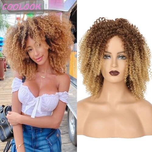Ombre Brown Kinky Curly Wig 14 Inches Afro Kinky Curly Wigs for Women Burgundy Short Deep Curly Wig Natural Synthetic False Hair