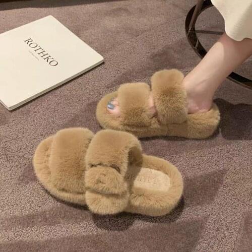 Lisapie Furry Slippers Winter Indoor Cute Fur Slippers House Full Soft Fluffy Plush Platform Flats Non Slip Outdoor Casual Shoes