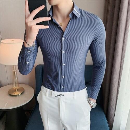 Mens Classic Long Sleeve Striped Basic Dress Shirts Formal Business Standard-fit Office Social Shirt Men Shirt High Quality