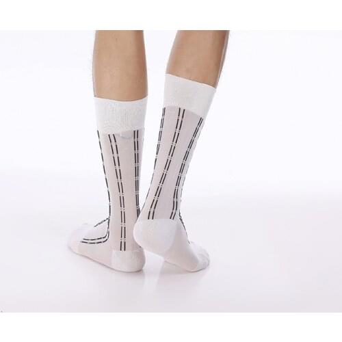 Mens Silky Socks Jacquard Bamboo Stripe Pattern Transparent Mesh Business Men Socks Gentleman Basic Black Navy White Nylon Sock