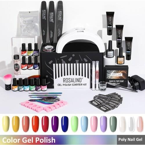 ROSALIND Nail Set With LED Lamp Nail Dryer 12pcs Soak Off Gel Nail Polish Kit 15ml Poly UV Gel For Nail Art Design Manicure Tool