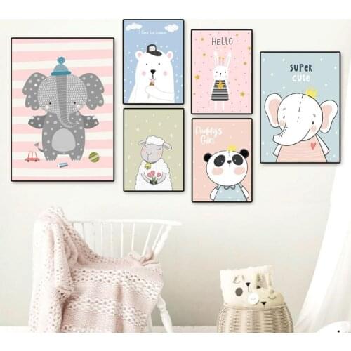 Wall Art Canvas Painting Cartoon Animal Poster Elephant Rabbit Bear Panda Sheep Baby Nordic Posters Prints Nursery Home Decor