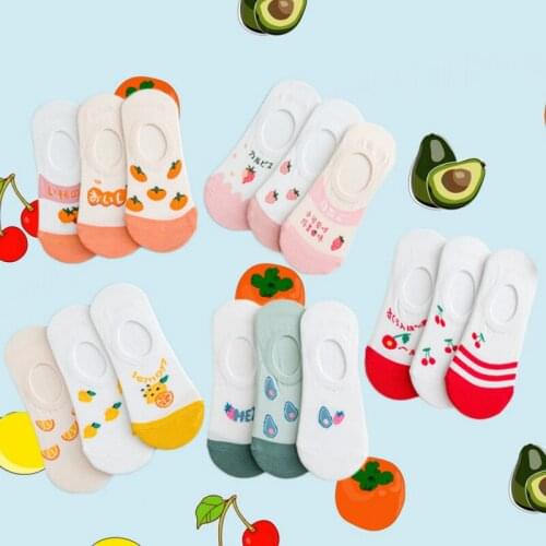 3 Pairs/lot Women Cotton Socks Cartoon Fruit Invisible Socks Funny Cute Avocado Orange Strawberry Series No-slip Boat Socks