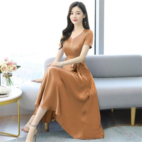Solid Color V-Neck Acetate Satin Dress Women 2021 New High-End Fashion Spring Summer Short Sleeve Slim Sashes Dress Midi zh1213