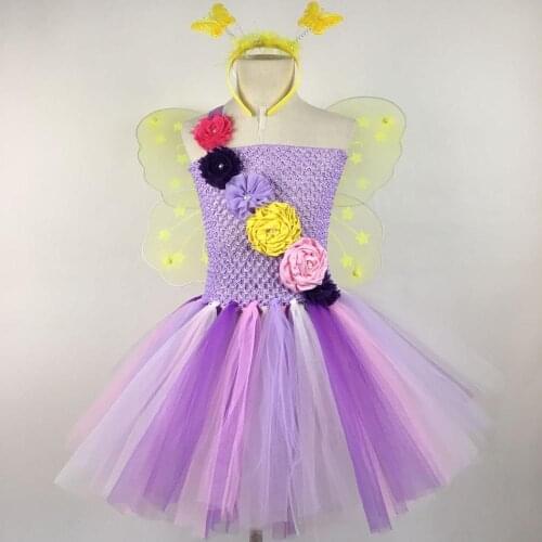 Girls Pastel Fairy Flower Tutu Dress Baby 2Layers Tulle Dress Ballet Tutus with Butterfly Wing Kids Party Cosplay Costume Dress