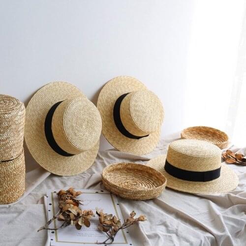Womens Summer Straw Fedoras Sunhat Flat Top Brim Elegant Boater Hat Ladies Stylish Vocation Beach Travel Sun Hats