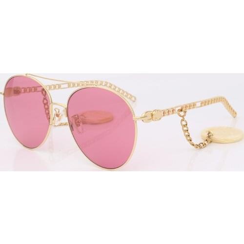 Pilot metal gold sunglasses women fashion style pink lens with chain