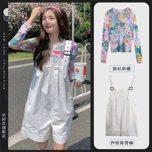 Student suit for Girl Korean style loose inner with a thin bottoming mesh sunscreen clothing + strap shorts fashion suit women