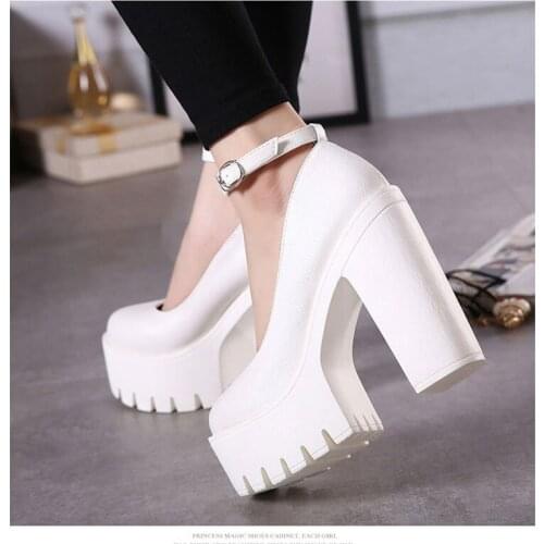 13 cm Pumps Shoes Thick Sole Chunky Heel Night Club Ankle Buckle Belt Shoes Rome Shoes Women Dress Party Pumps Shoes