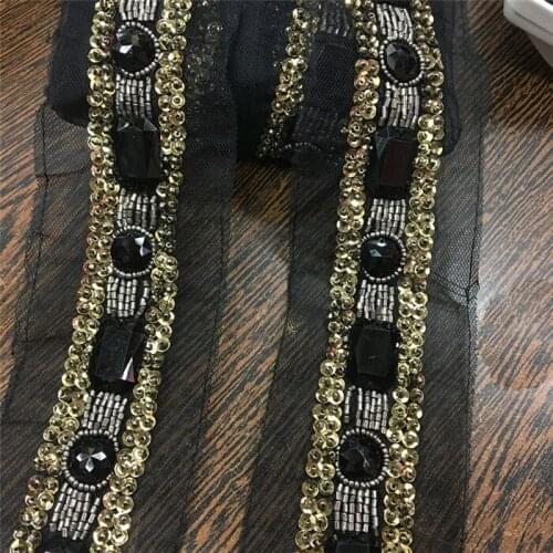 Goldens sequins black Rhinestone Beaded lace trim Diy craft clothing decorative sew on lace trimming motif patches for clothing