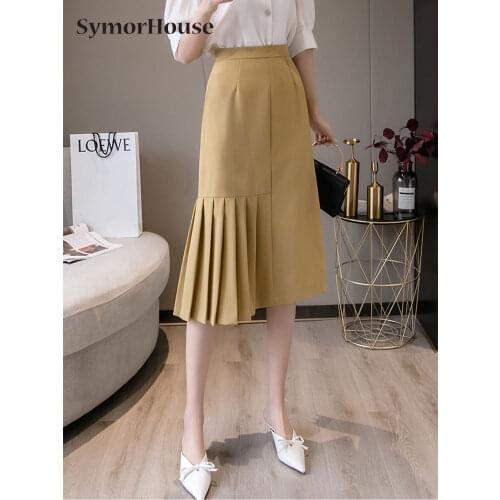 High Waist Elegant 2021 New Long Pleated Midi Skirt Woman Solid Color Office Work Wear Irregular Maxi Black Mermaid Skirts