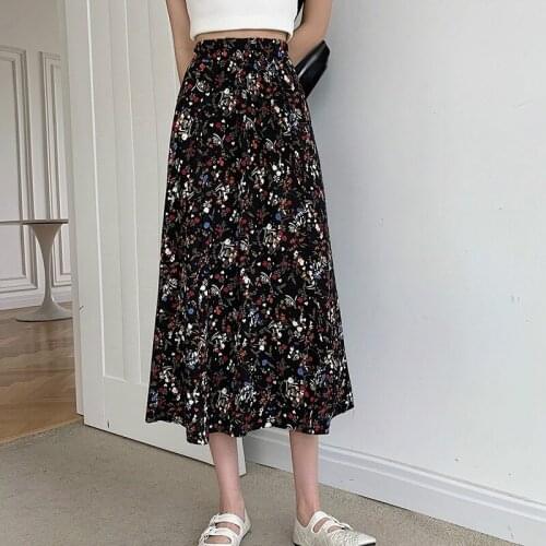 2021 New Fashion Elegant Women Floral Print Skirt SummerLady Temperament High Waist Chiffon Beach Skirt