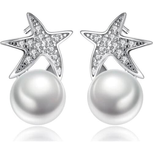 KOFSAC Fashion 925 Sterling Silver Earrings for Women Party Simple Starfish Pearl Stud Earring Shiny CZ Jewelry Gifts brincos