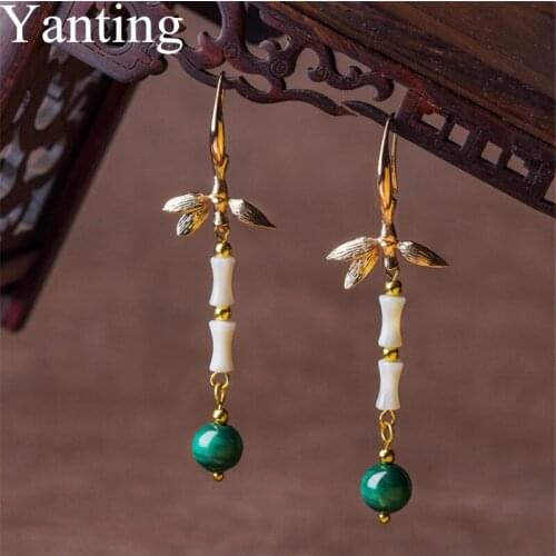 Yanting Ethinc Bamboo Style Women Earrings Green Stone Tassel Earrings Handmade Vintage Jewelry Gifts For Women Female 0170