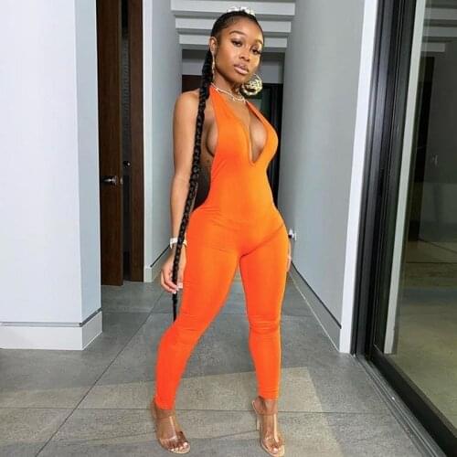 2021 Sleeveless Jumpsuit Skinny Rompers Halter Women Activewear V-neck Sexy Bandage Solid Elastic Bodycon Fitness Casual Outfit