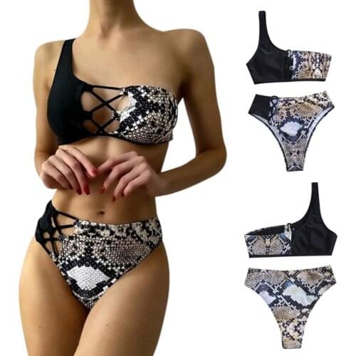 1Set Women One Shoulder Bikini Leopard Swimwear Biquini Swimming Suit Push Up Swimsuit Female Beachwear