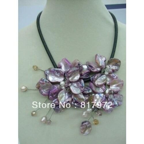 Woman party Elegant Handmade shell slice pearl Knit Purple Beautiful Flower Bib Pendant Chain Necklace Chunky Hide Rope Gift