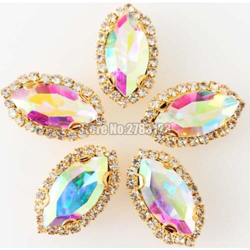 Gold bottom horse eye shape AB color faltback Glass Crystal button,sew on loose rhinestones diy/Clothing accessories
