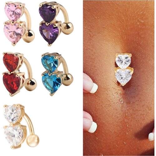 Gold-color Body Piercing Women Sexy Navel Barbell Two Hearts Button Navel Ring Reverse Crystal Zircon Bar Belly Ring 1PC