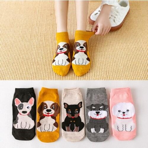 Yishine 5 Pairs New Fashion Cartoon Cats Dogs Prints Casual Girls Cotton Ankel Socks Short Sock for Women