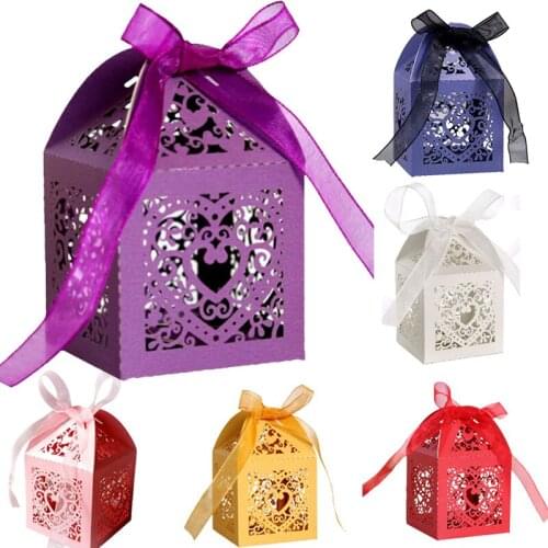 50pcs Hollow Heart Candy Box Wedding Mariage Birthday Baby Shower Christening Baptism Packaging Gifts For Guests Party Supplies